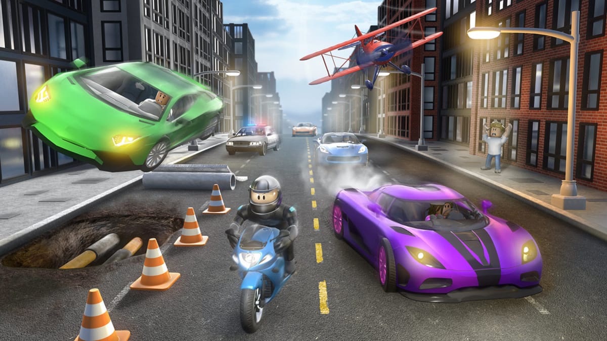 A Roblox avatar racing a bike against cars and planes