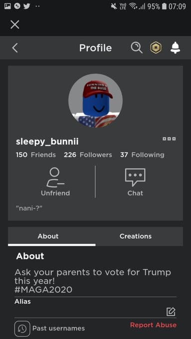 One of the hacked pro-Trump profiles in Roblox