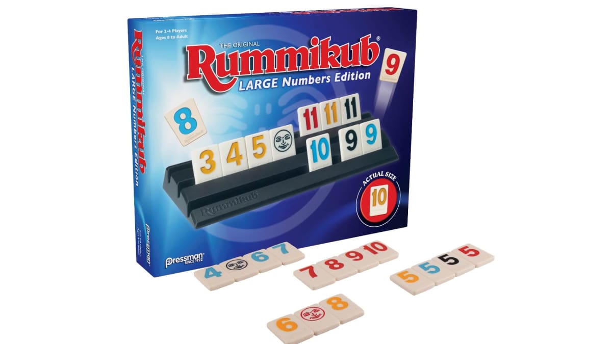 Lay out sets and runs with easy to view Rummikub Large Numbers Edition