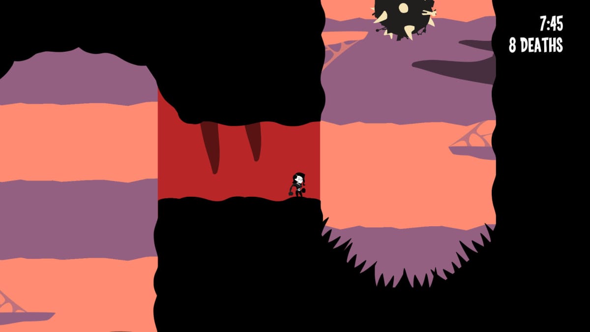 An in-game screenshot of Runbow, showcasing the player character dressed as villain Satura, preparing to jump up a ravine.
