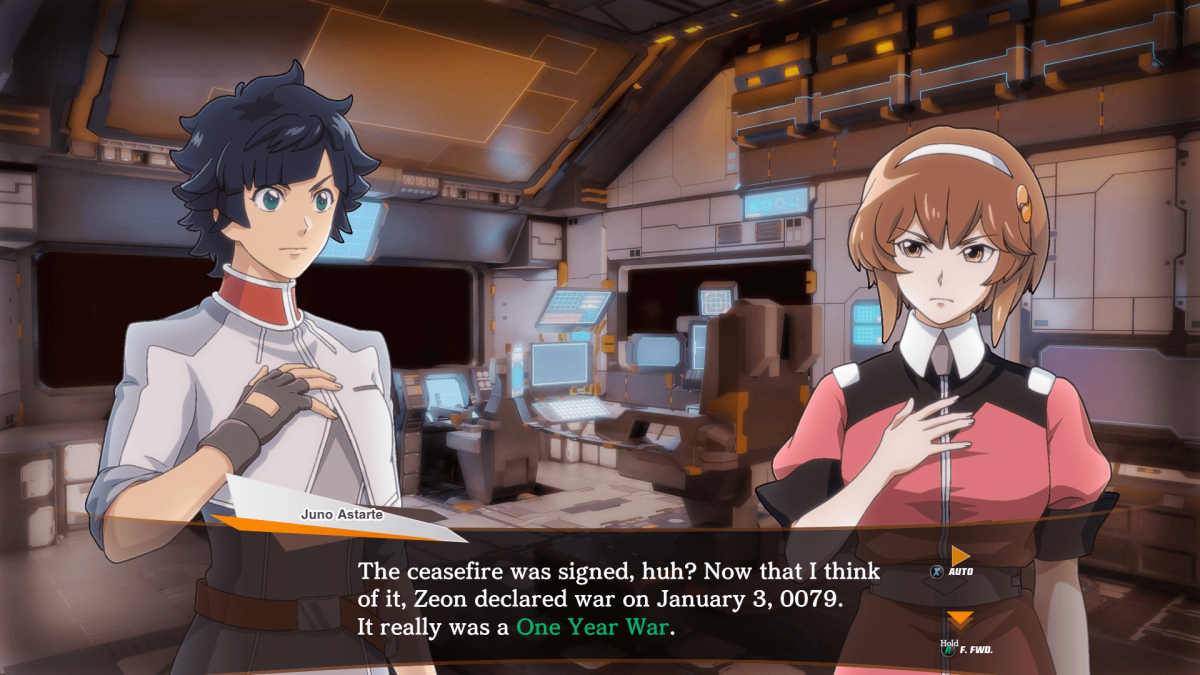 A cutscene of SD Gundam Battle Alliance, showcasing the two protagonists Sakura Slash and Juno Astarte engaged in conversation about the history of Gundam.