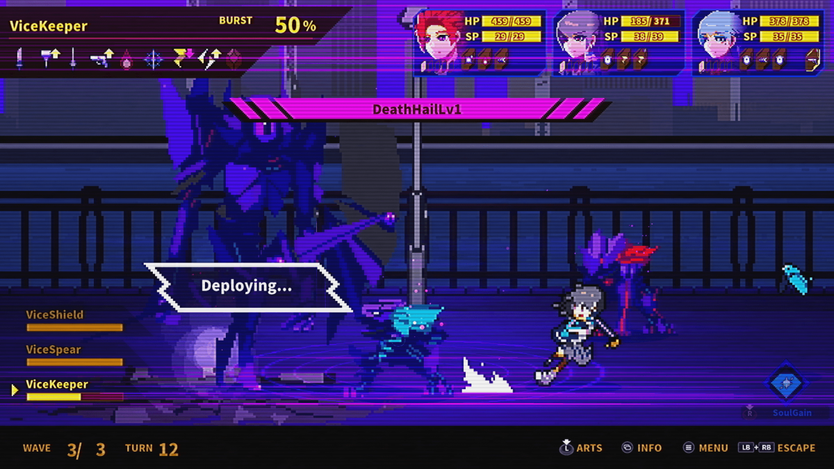 An in-game screenshot of SOULVARS, showcasing the character Hizume transformed and preparing to activate her move "Death Hail", while Izuna backs off.
