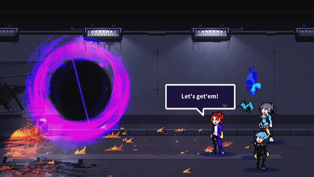 An in-game cutscene in SOULVARS, showcasing the three main characters preparing to enter an ominous purple portal.