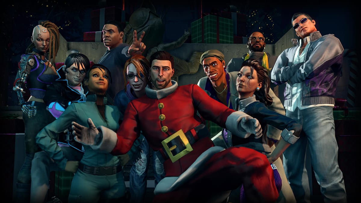The cast of Saints Row 4 posing for a Christmas photo