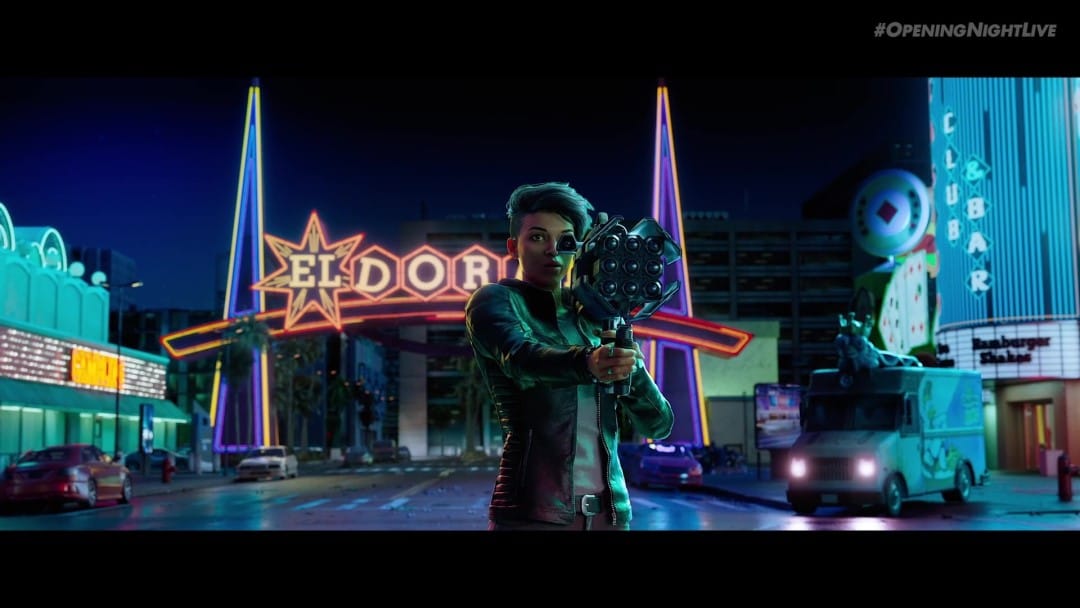A woman readying an elaborate rocket launcher with neon signs in the background