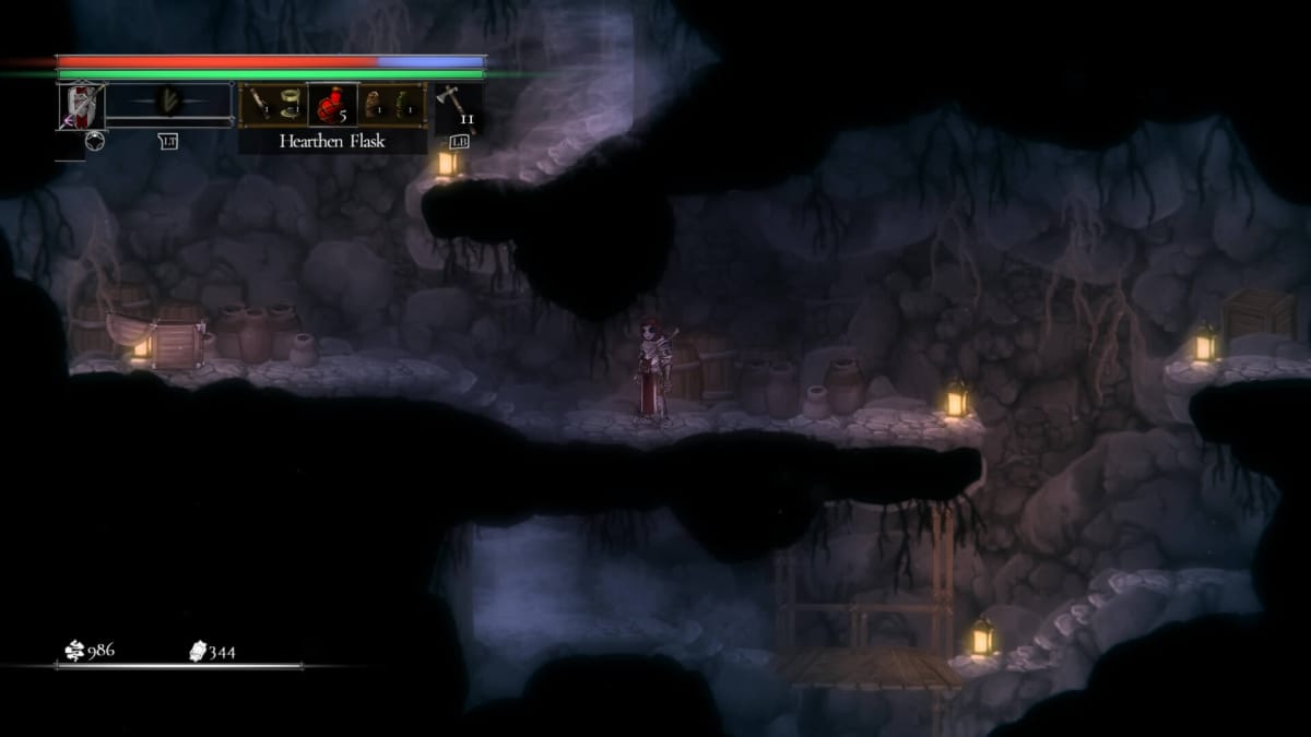 The player exploring a cave in Salt and Sacrifice