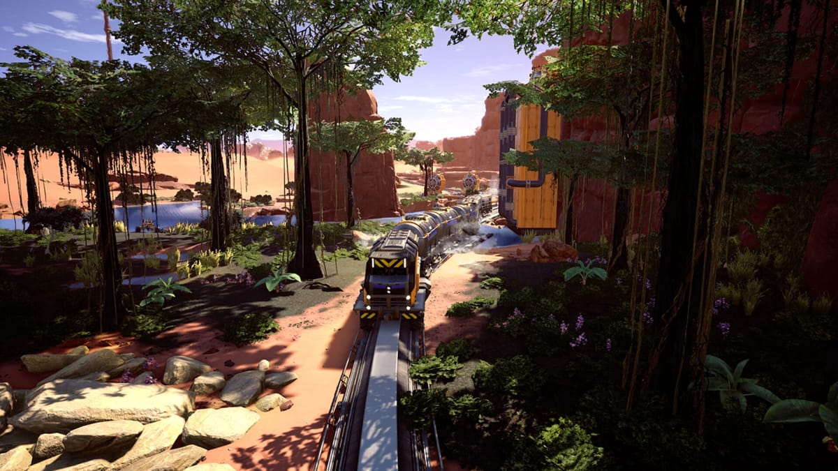 A train chugging through the landscape in Satisfactory update 7