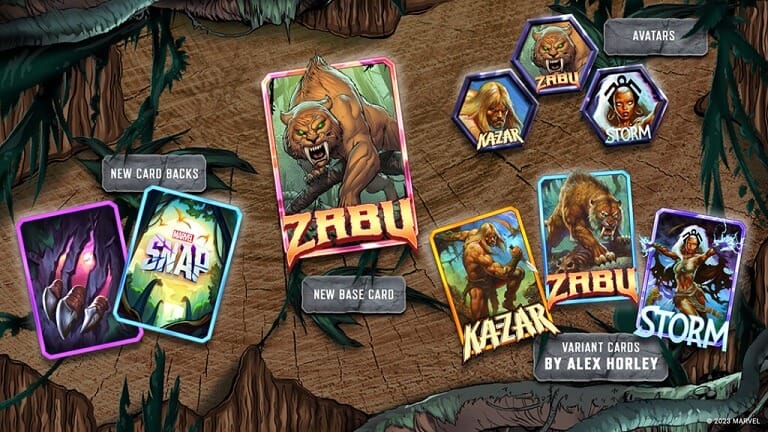 Marvel Snap Savage Lands season pass showing Zabu, Zabu/Storm/Kazar variants and avatars, and new card backs