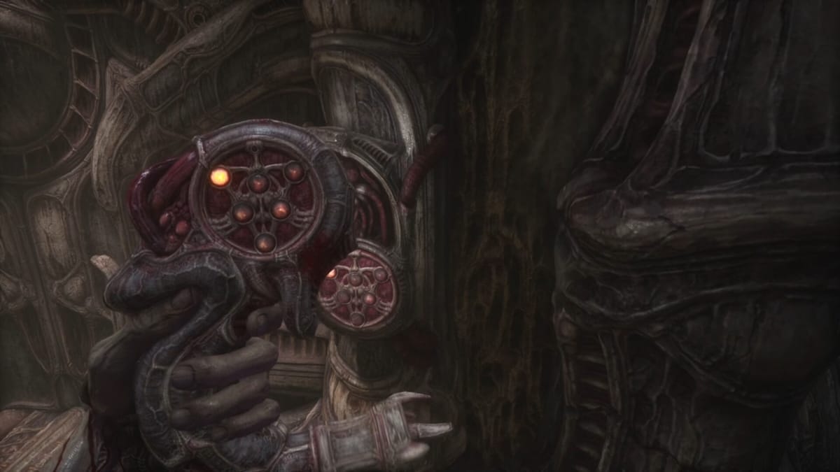 An image of the unlocking tool being used on a door in Scorn