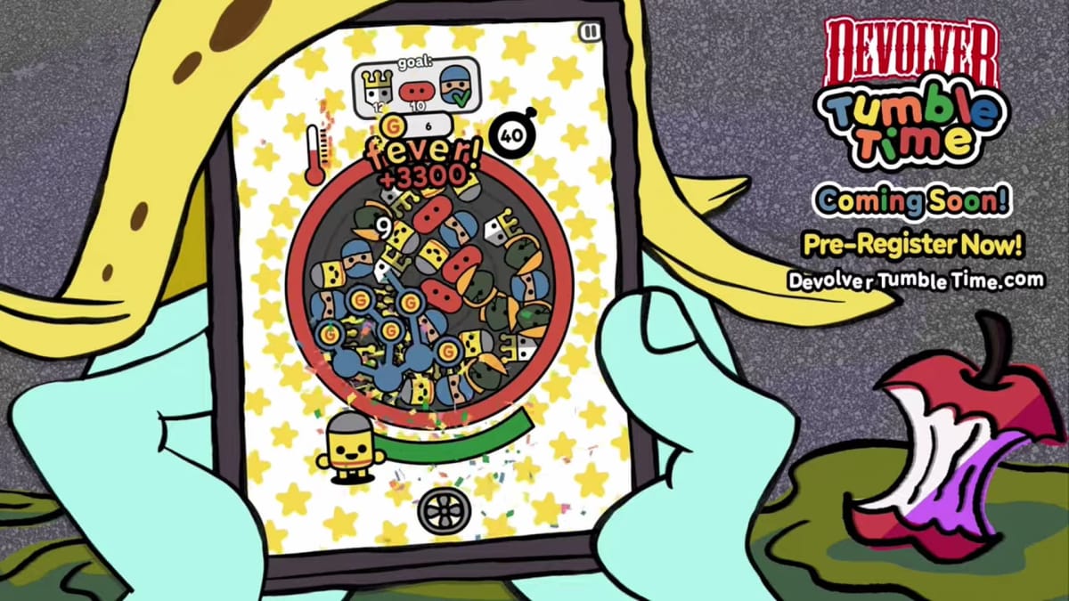 Screenshot of the Devolver Tumble Time Pre-Registration trailer where we see cartoon hands playing the game on a cartoon phone