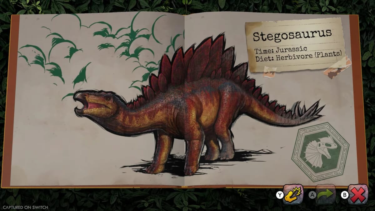 Screenshot of Ark: Dinosaur Discovery, where we see what looks like a childs book showing the Stegosaurus and fun facts about the creature