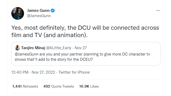 Screenshot of the Tweet from James Gunn describing the future of the DCU