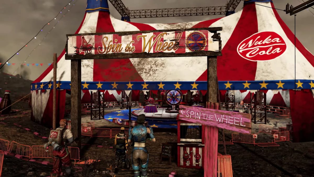 Screenshot from the Fallout 76 Nuka-World On Tour update, that shows a player walking toward the Spin the Wheel event 