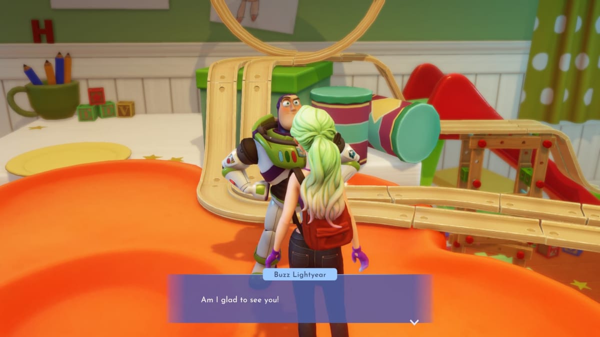 Screenshot of Buzz standing on Bonnies bed, Disney Dreamlight Valley Buzz Lightyear Guide 