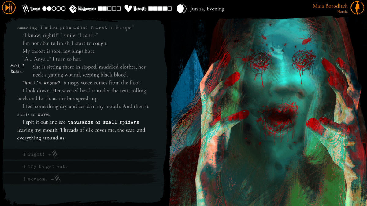 A bloody image of a person's severed head, the text describing a nightmare