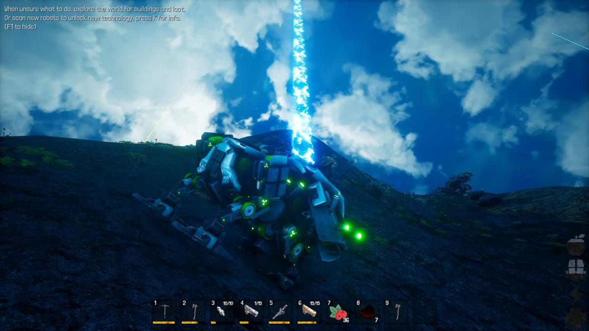 Screenshot in Karagon of the blue beam coming from the dino maker