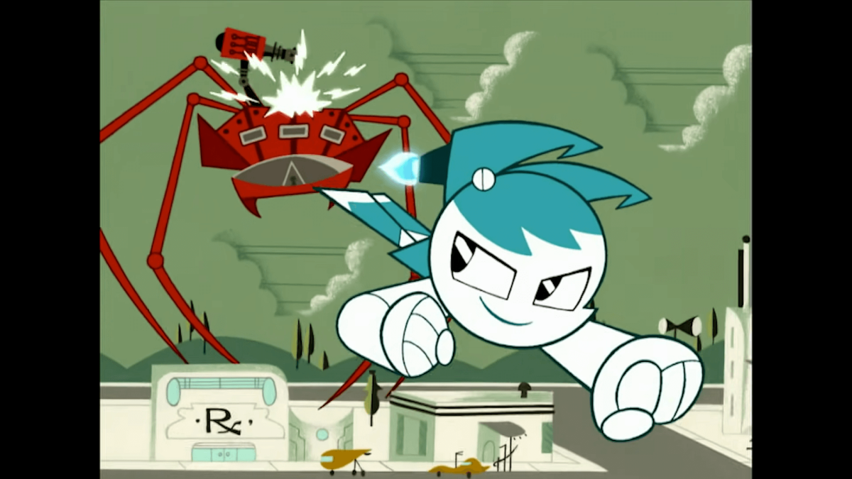 Jenny from My Life as a Teenage Robot flying through the air away from a store labeled RX, nickelodeon all-star brawl characters