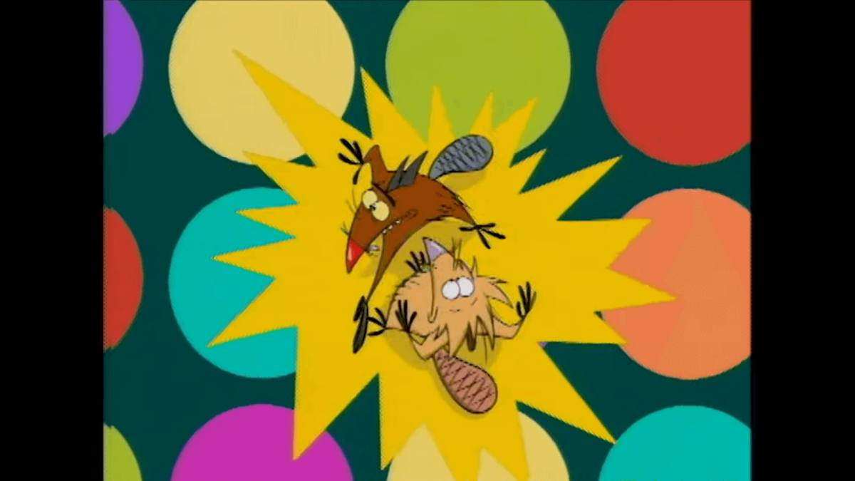 Dag and Norbert from Angry Beavers fighting with each other in front of a colorful background, nickelodeon all-star brawl characters