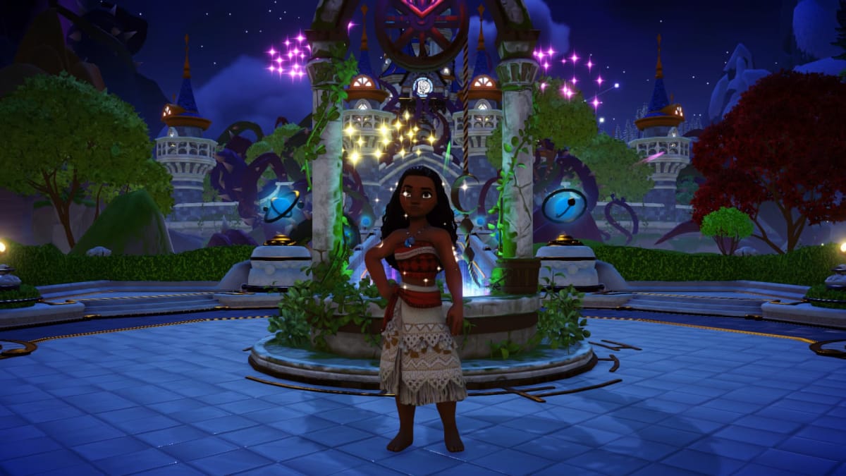 Image of Moana in Disney Dreamlight Valley as she enters the valley for the first time in front of the magic well in the Plaza