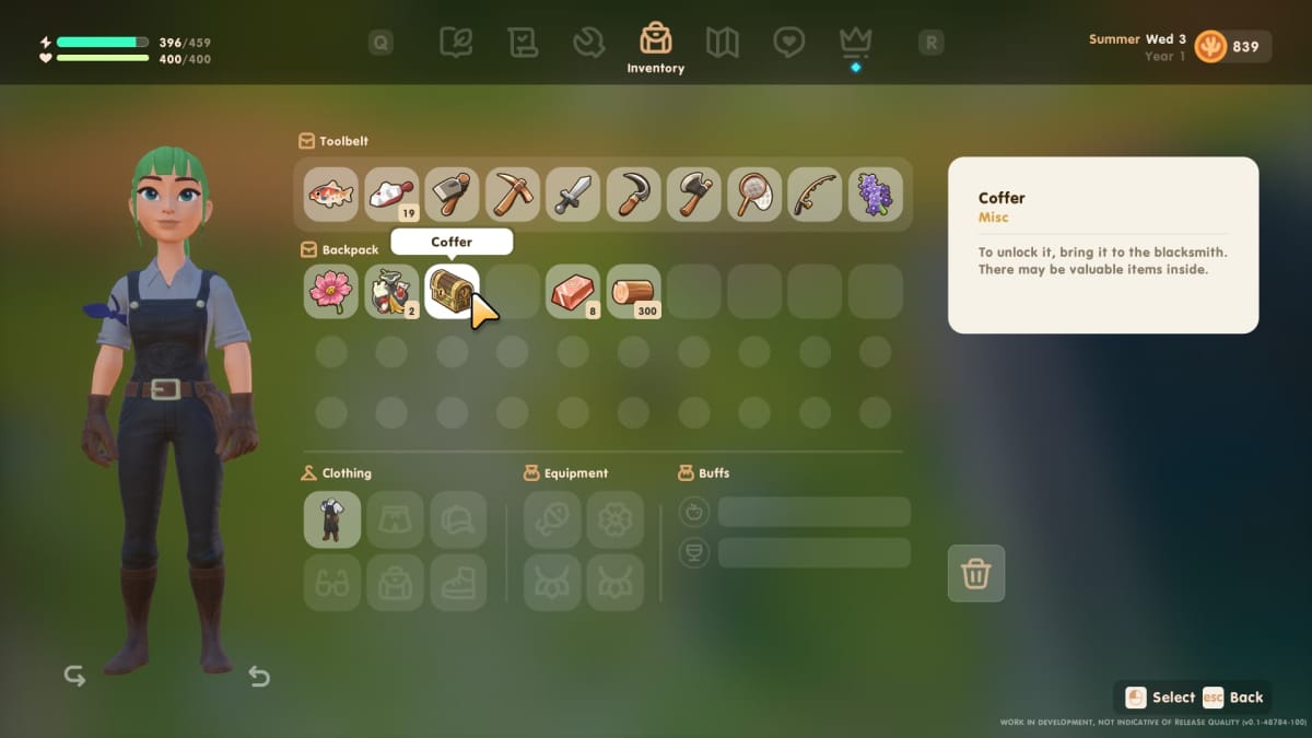 Screenshot of the character menu in Coral Island, showing the coffer located in the players bag which may hold valuable items to sell for fast coins