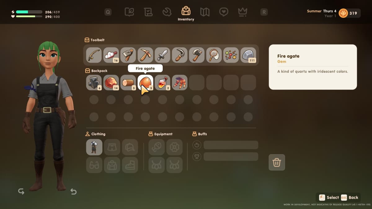 Screenshot of the character menu showing a fire agate gem that can be sold via the shipping container for coins