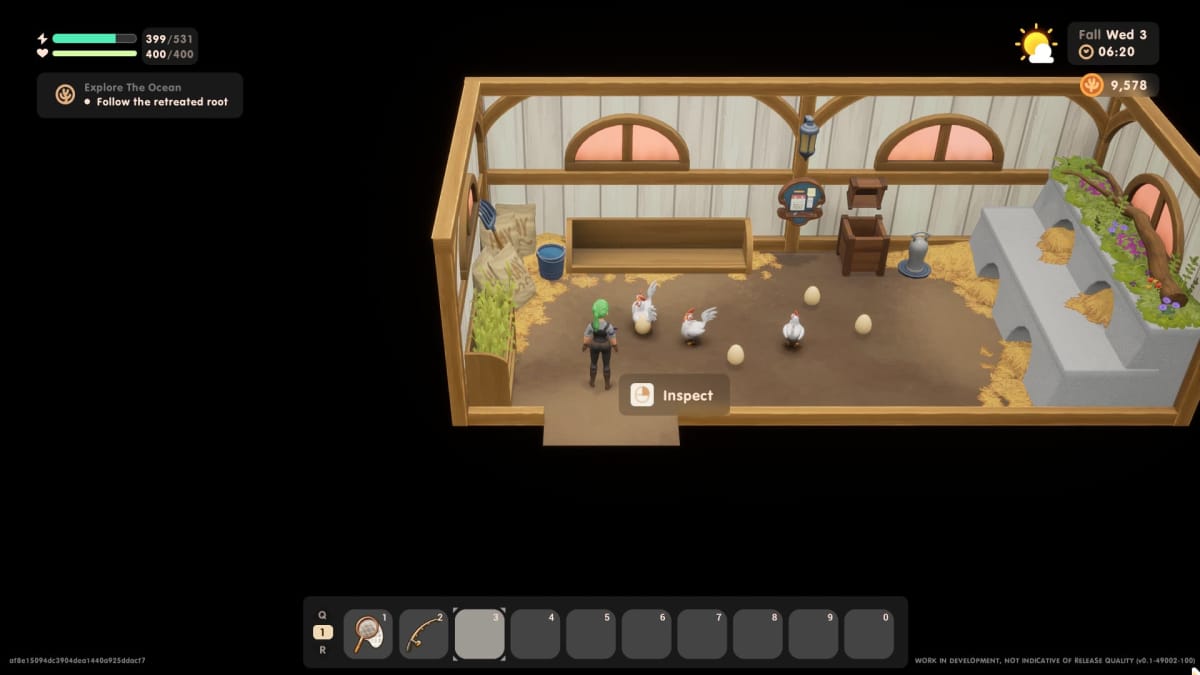 Screenshot in Coral island of the interior of the Chicken Coop, with 4 chickens roaming about with a heart icon above their head indicating they would like to be petted, as well as eggs strewn about the floor for the player to collect, Coral Island Ranching Guide