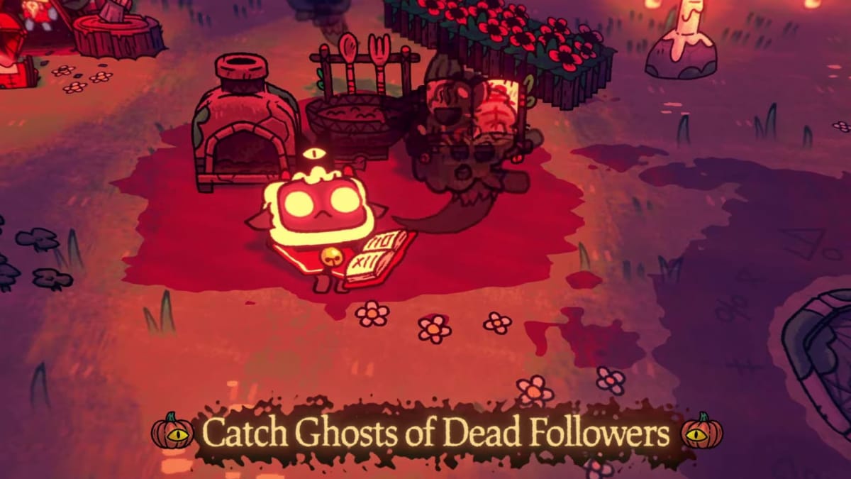 Screenshot from the Cult of the Lamb Blood Moon Festival update, where we see the lamb bringing the ghost of a dead follower back to life