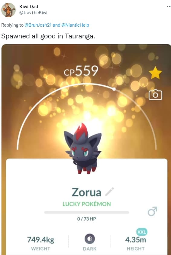Screenshot of Zorua from Pokemon Go, where it weighs in at a whopping 749.kg 