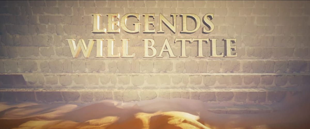 SCreenshot from the Age of Mythology Retold trailer, where it states legends will battle in big silver letters 
