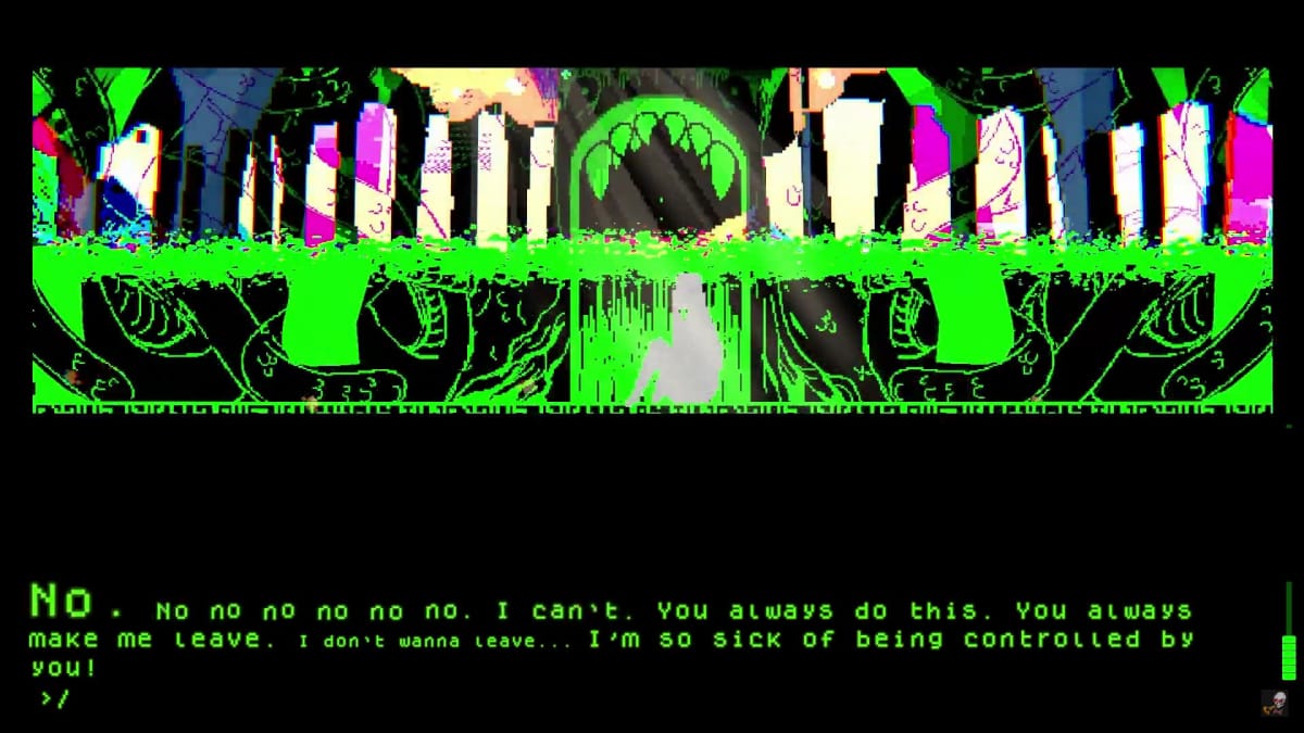 Screenshot of [I] Doesnt Exist, where we see a trippy animated scene of the player saying "no no no"