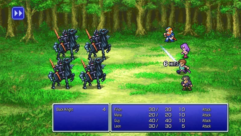 Screenshot of final fantasy pixel remaster with four enemies and four players preparing for battle 