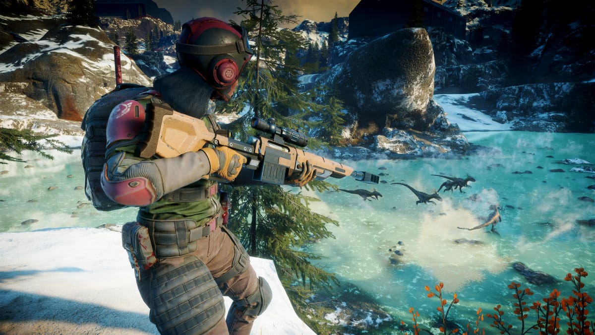 Second Extinction screenshot showing a character with a gun looking down at a bunch of dinosaurs standing in water.