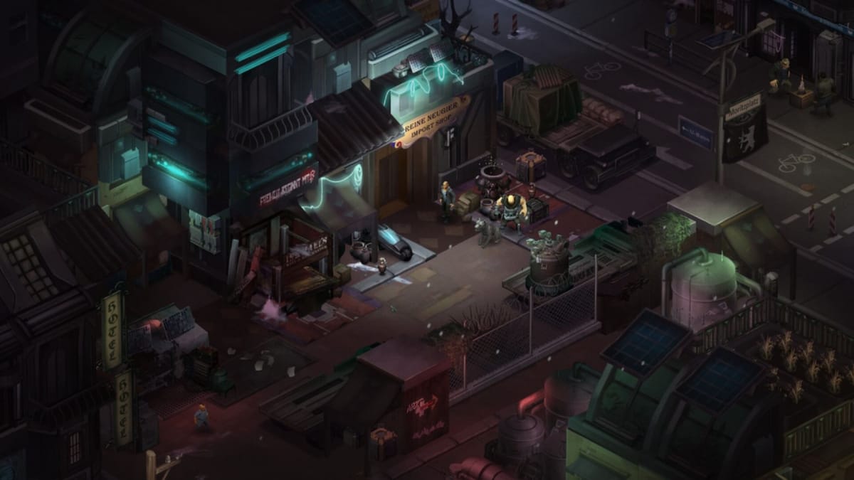 A dingy, dilapidated cyberpunk city in Shadowrun Trilogy, part of the Xbox Game Pass June 2022 haul