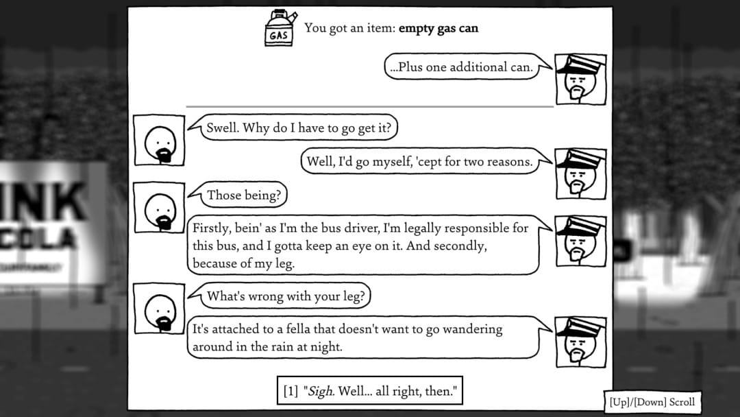 A dialogue exchange between the player and a bus driver from Shadows Over Loathing