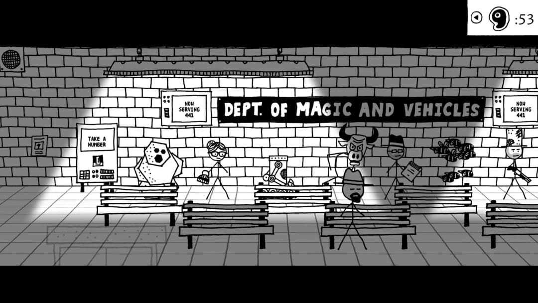 A scene full of magical creatures at the DMV from Shadows Over Loathing