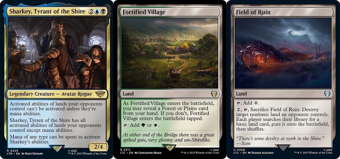 Lord of the Rings Tales of Middle Earth MTG Cards Sharkey, Tyrant of the Shire, Fortified Village, and Field of Ruin