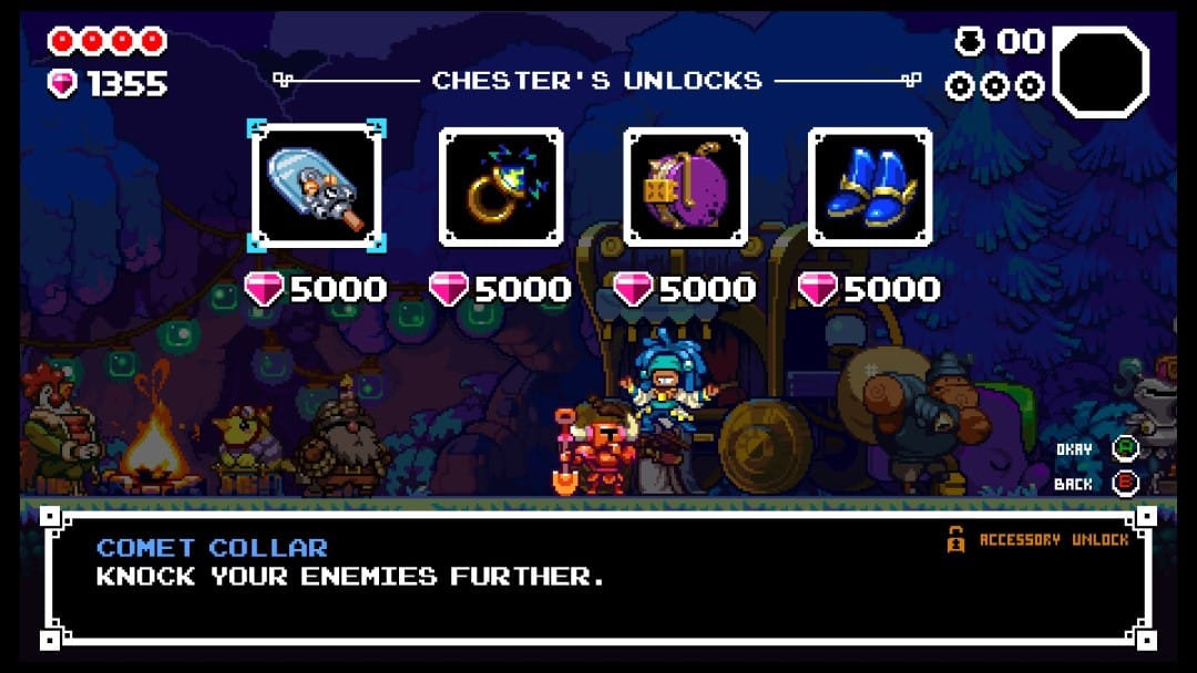 A screenshot from Shovel Knight Dig featuring the merchant Chester