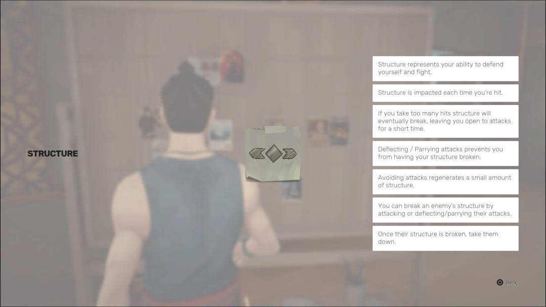 The hero of Sifu looking at their detective board, the description of Structure overlayed