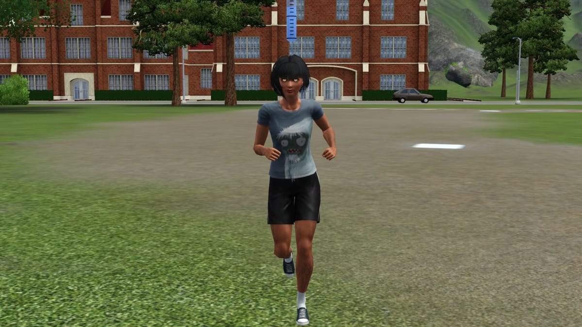 A female werewolf Sim improving her athletic skill by jogging.