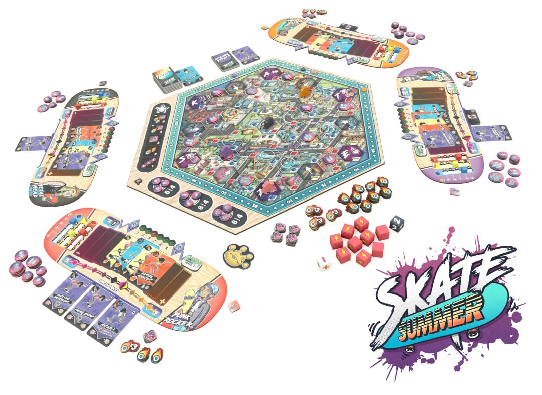 The board game set up of Skate Summer, complete with game pieces and dice
