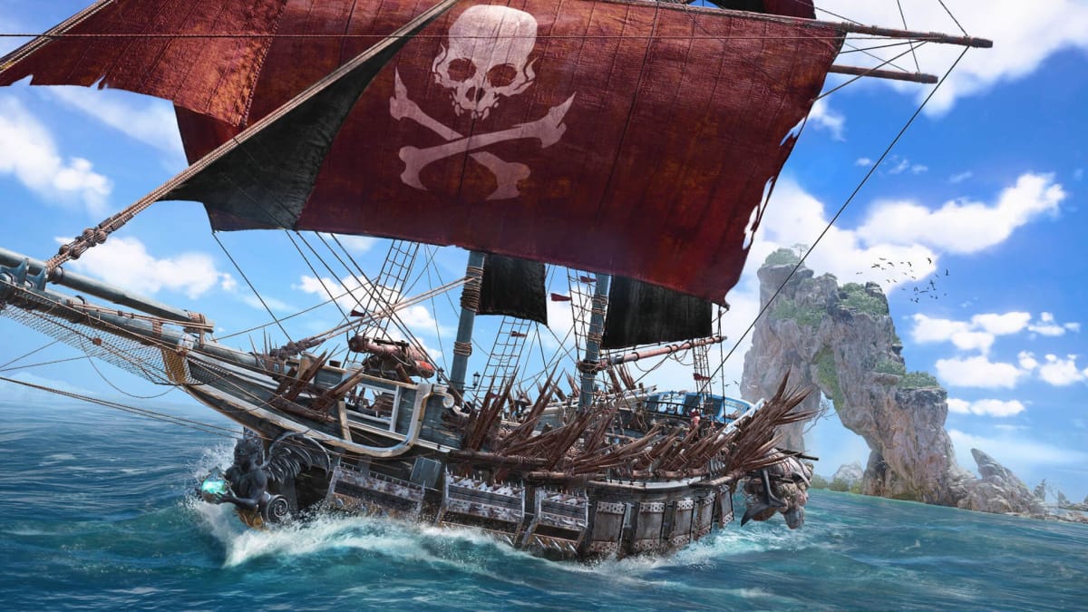 A pirate ship sailing through the water in Ubisoft's Skull and Bones, which is probably one of the projects beset by the kind of Ubisoft issues the company says it's improving
