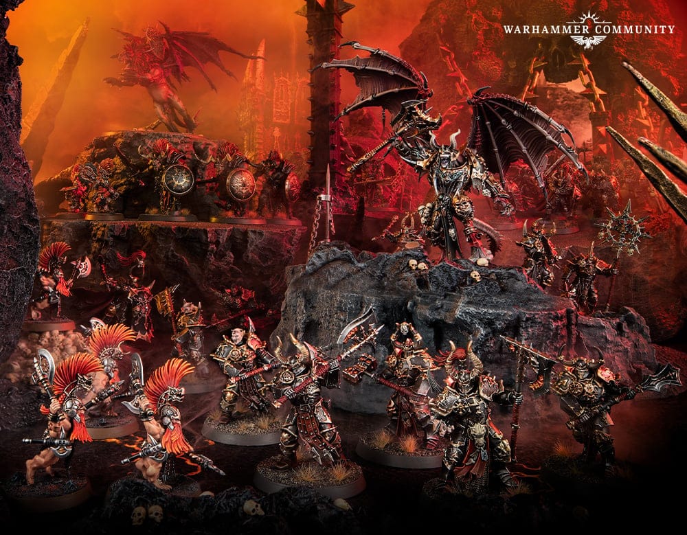 A Warhammer Slaves to Darkness Daemon Knight leads an army of chaos warriors in a pitched battle