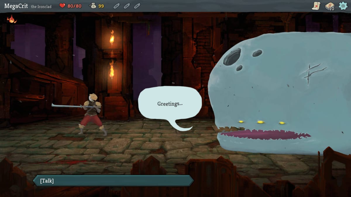 The player talking to a giant whale in Slay the Spire