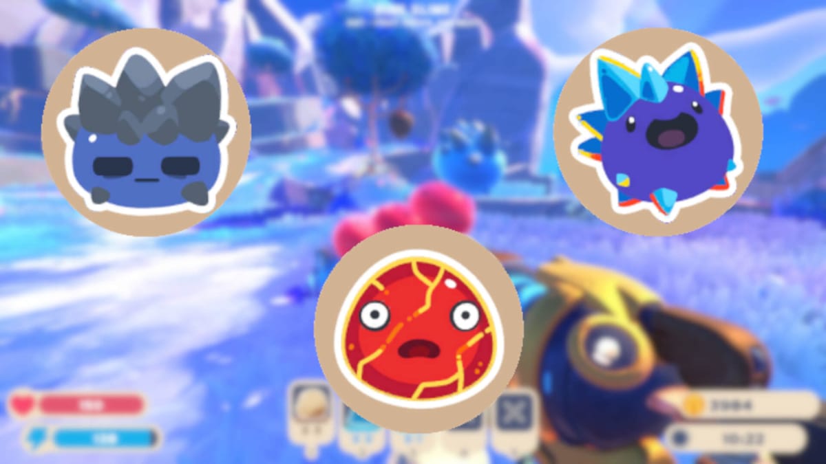 Images of the different types of aggressive slimes in Slime Rancher 2