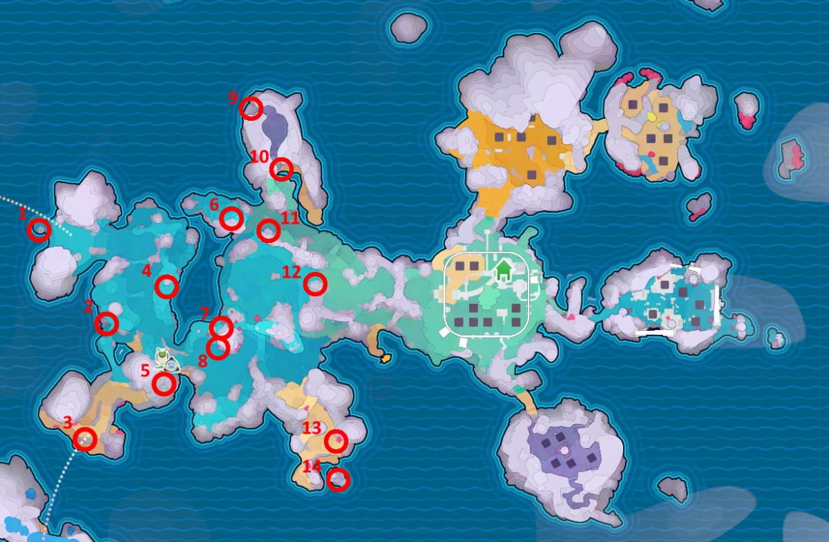 Map showing Slime Rancher 2 Treasure Pods in Rainbow Fields.