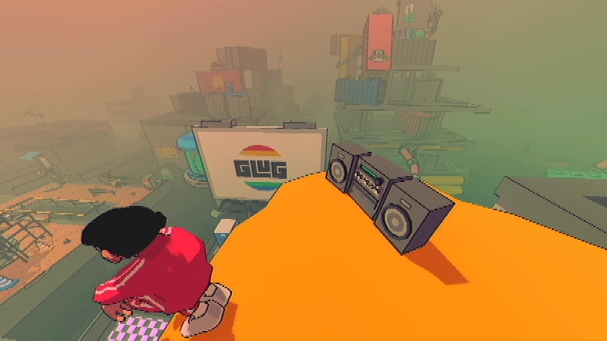 The player standing on an overlook and looking out over Ciggy City Suites in Sludge Life 2
