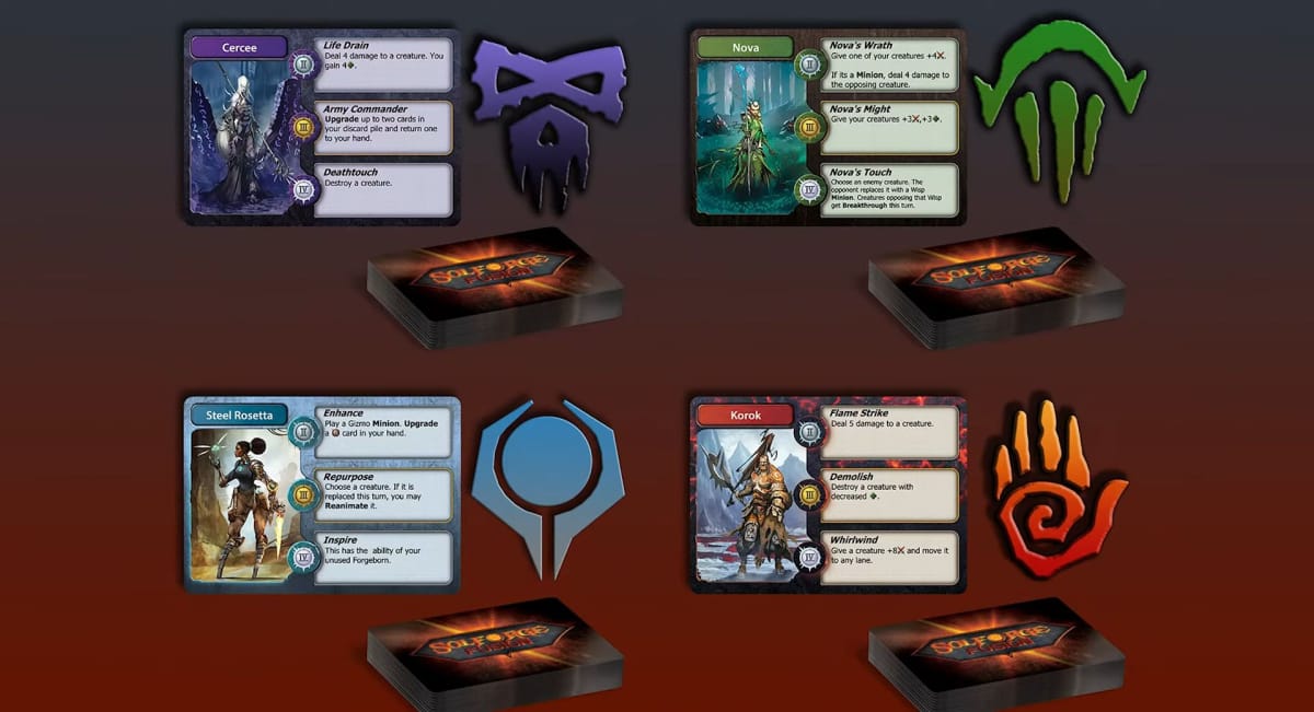 An image of the four factions present in SolForge Fusion and examples of their Forgeborn