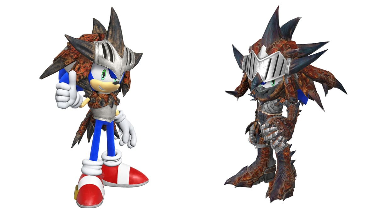 Sonic Frontiers Monster Hunter DLC showing the two costumes that you can get.