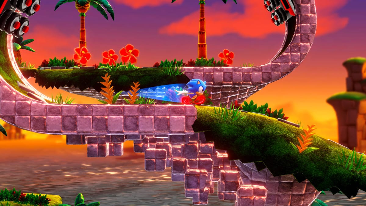 Sonic runs through a field during sunset in Sonic Superstars