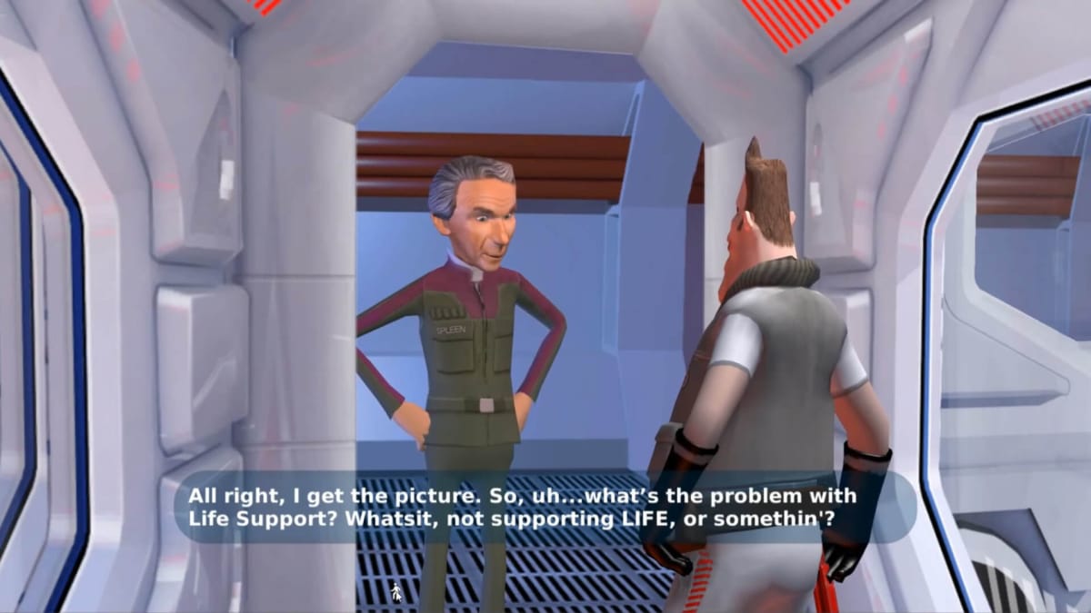 SpaceVenture protagonist Ace Hardway talking to an officer whose name appears to be Spleen in SpaceVenture, the Space Quest spiritual successor